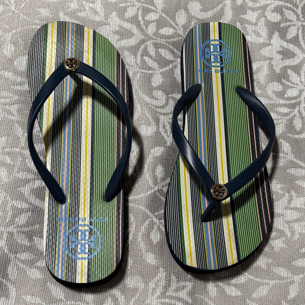 Tory Burch Green and Blue Striped Sandals